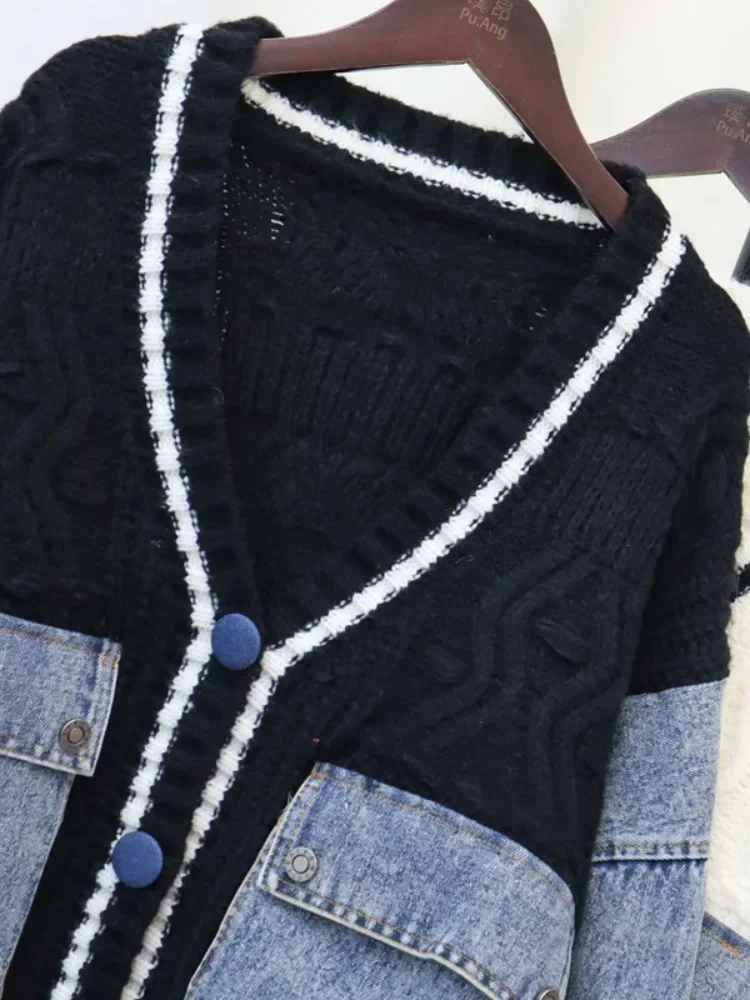 Contrast Denim Outerwears V-Neck Long Sleeve Ropa Mujer 2024 Loose Woman Cardigans Autumn Winter Double Pocket Sweater