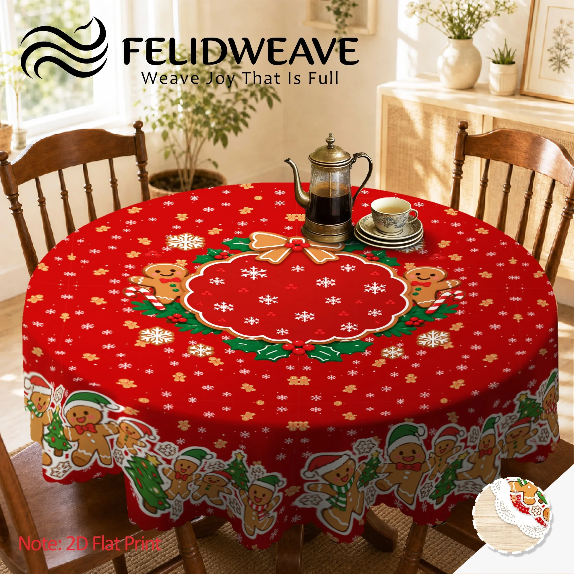 Cute cartoon christmas gingerbread man border snowflake berry red green round polyester tablecloth