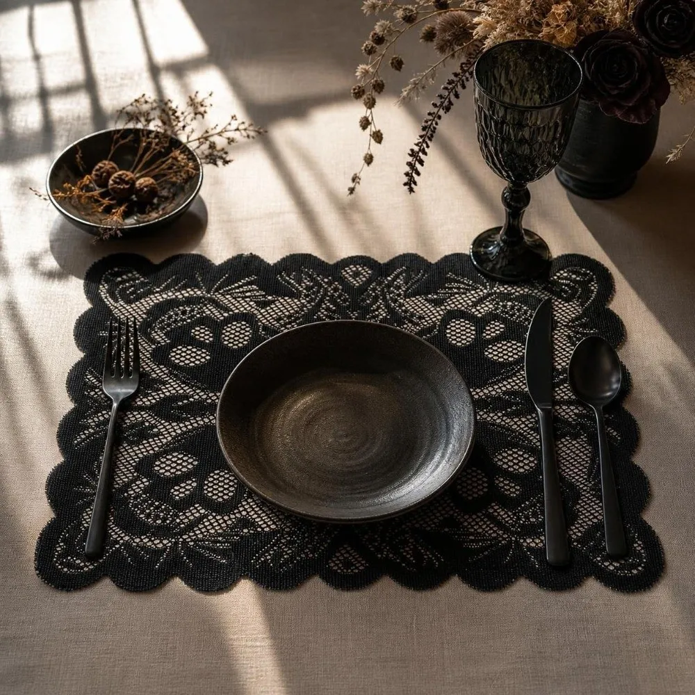 Gothic Style Halloween Placemats Skeleton Bat Decoration Dining Mat Heat Insulation Coaster Lace Table Mat Dining Table