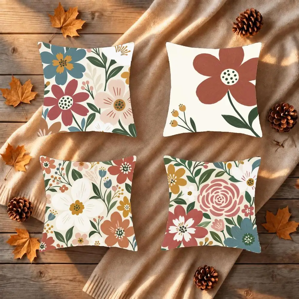 Folk Floral Wall Art Cushion Cover 1/4Pcs Soft Plush Throw Pillow Cover Double-Sided Print Sofa Living Room Decor