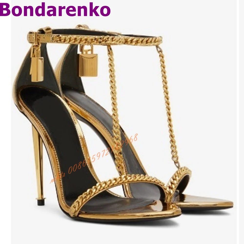 Mirror Metal Chain Sandals Women Shoes Pointed Toe Gold Stiletto Heel Sandals Ankle Buckles Lock T Straps Design Shoes Banquet