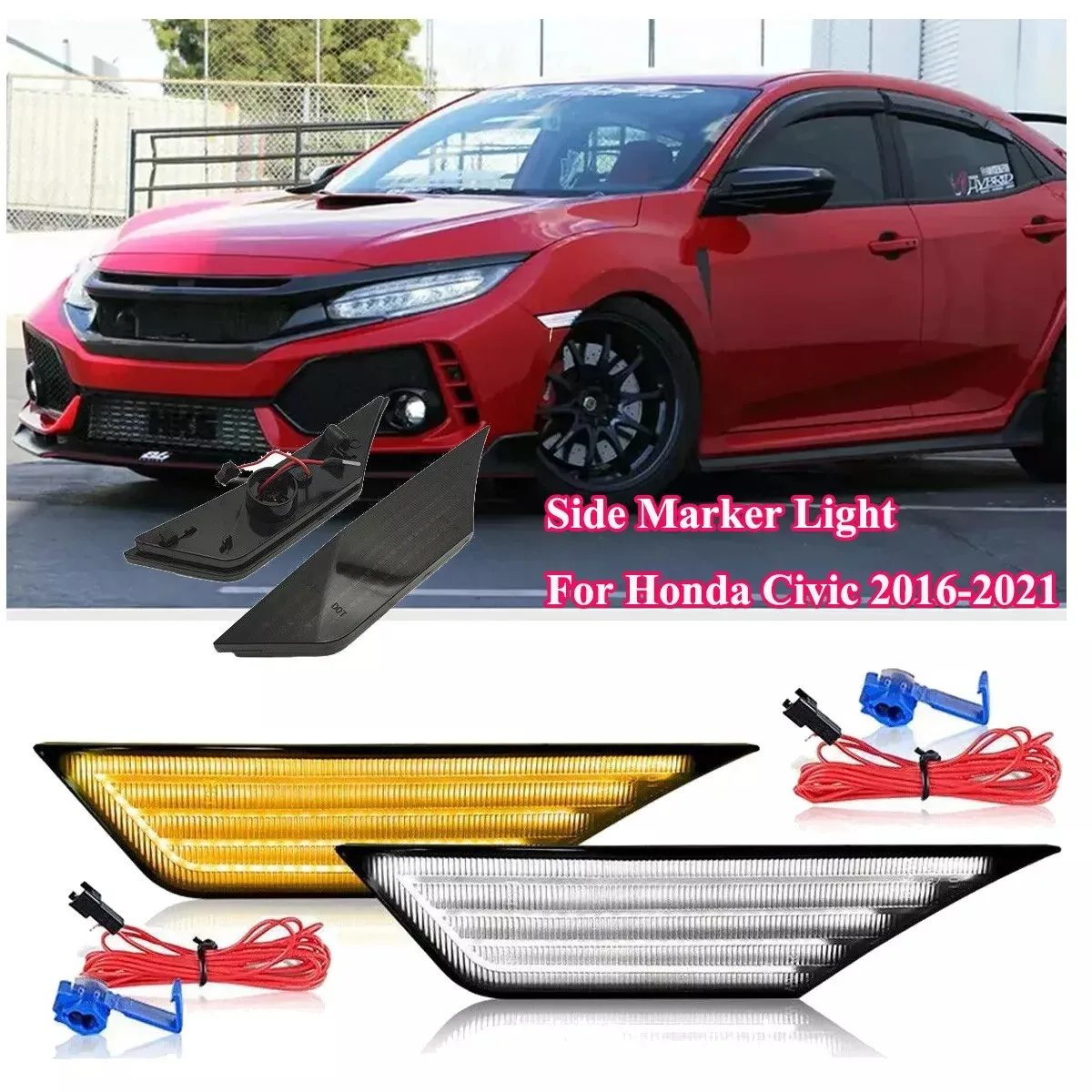 2pcs Smoked Lens Dynamic LED Side Marker Car Lights For Honda Civic 10th 2016-2020 Sequential Turn Signal Indicator Lights