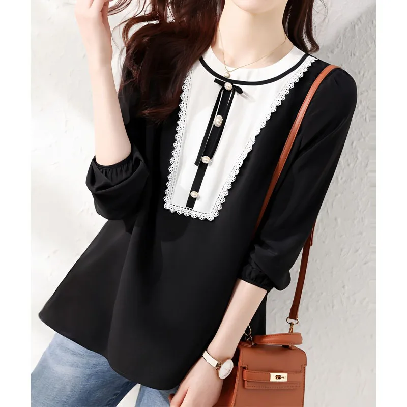 Fashion Elegant Beading Round Neck Blouse Women's Clothing Korean Contrast Color Vintage All-match Patchwork Shirt For Female