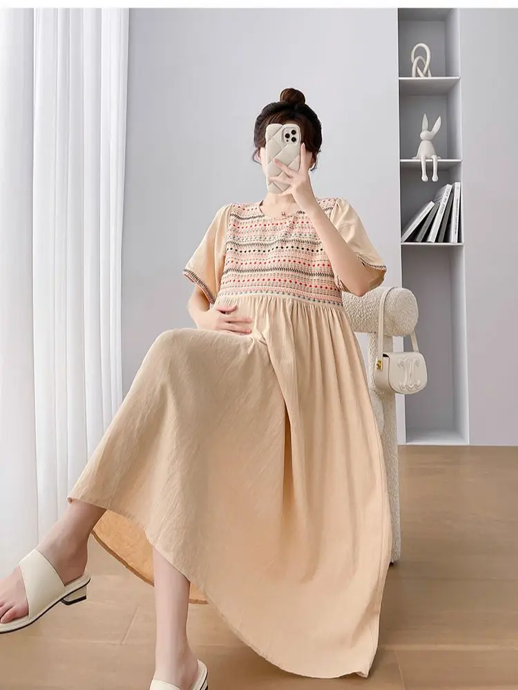 

Korean National Style Maternity Dress Plus Size O-Neck Fashion Embroidery Pregnant Woman Beach Dress Long Loose Holiday Clothes