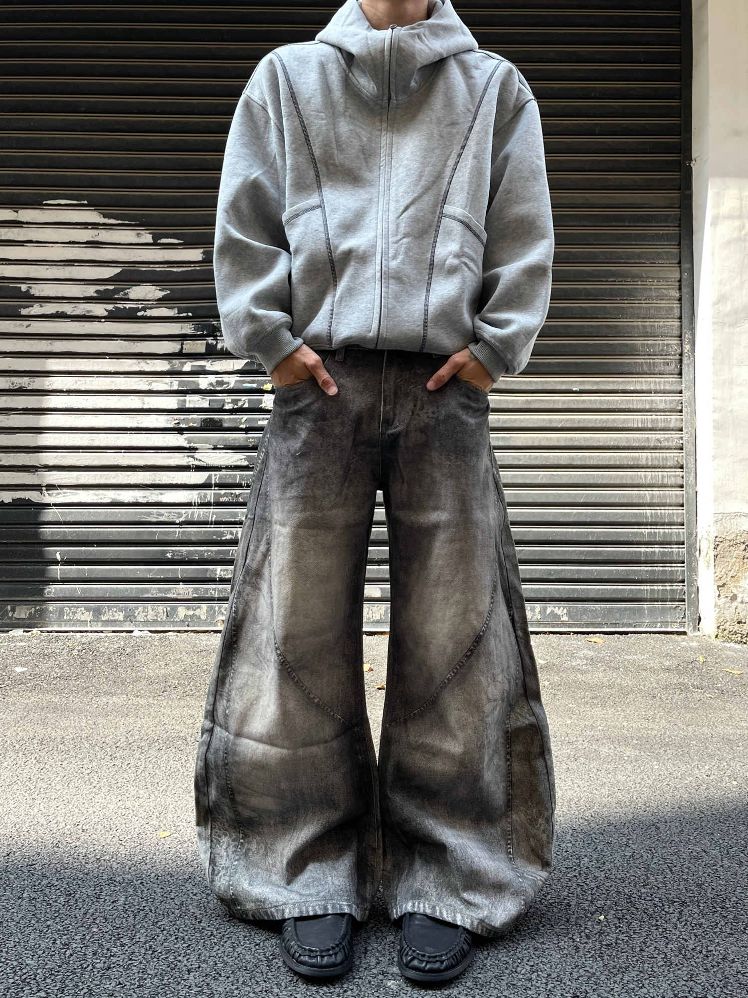 

Retro American Baggy 3D Print Splicing Feeling Knife Men's Loose Wide Leg Floor Length New Sle Jeans Trendy Straight Leg