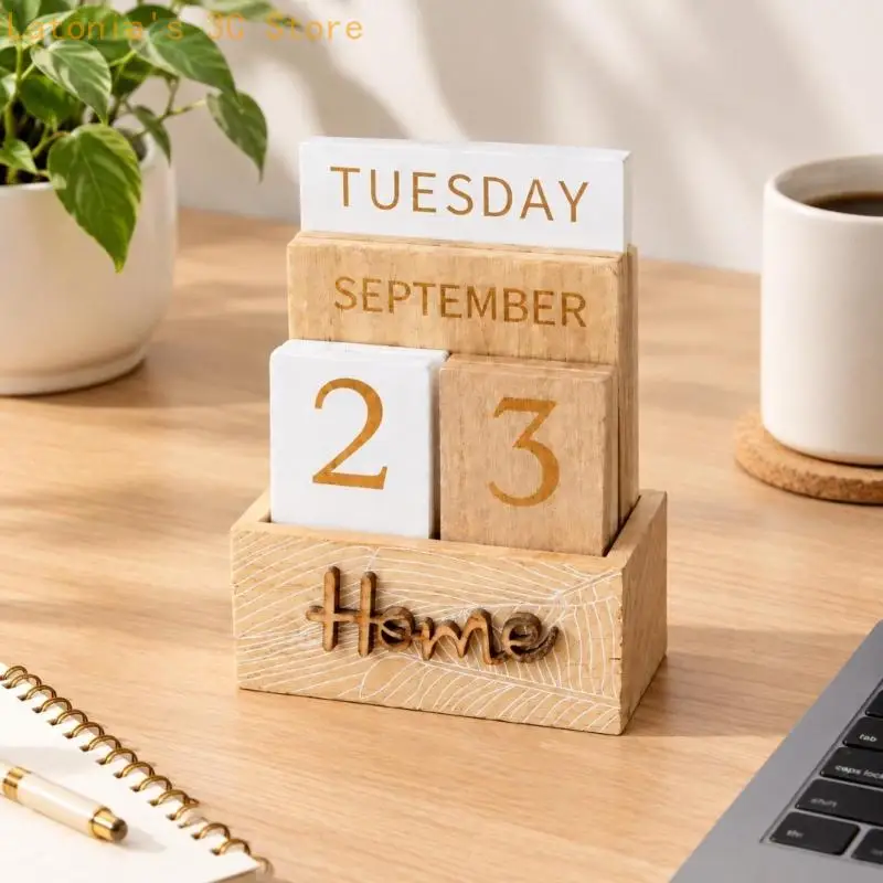 Wooden Block Permanent Calendar with Large Date Characters and Display Stand for Office, Study or Reception Desks X3UB