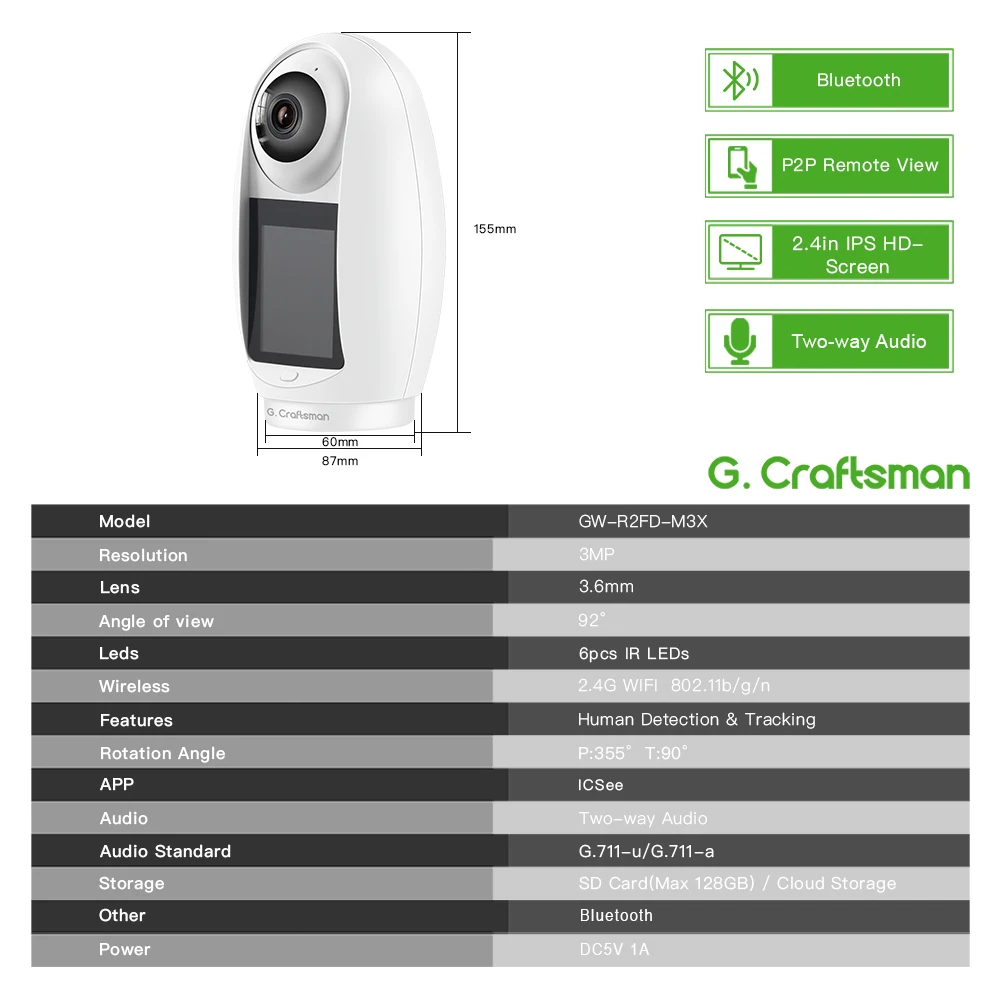 G.Craftsman Smart, One-Key Call , Video Calling, WiFi, 2.4 Inch IPS Screen, Two-way Audio Surveillance,ICSEE