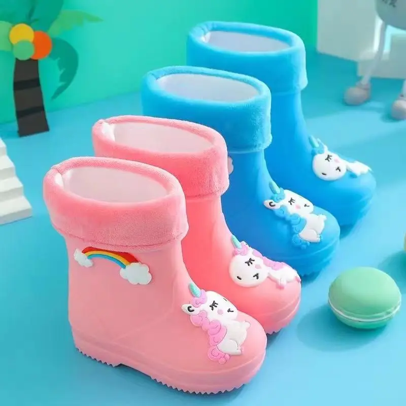 YISHEN Rainboots For Girls Boys Rubber Shoes Soft PVC Snow Boots Summer Winter Rain Boots Warm Plush Waterproof Kids Rain Shoes