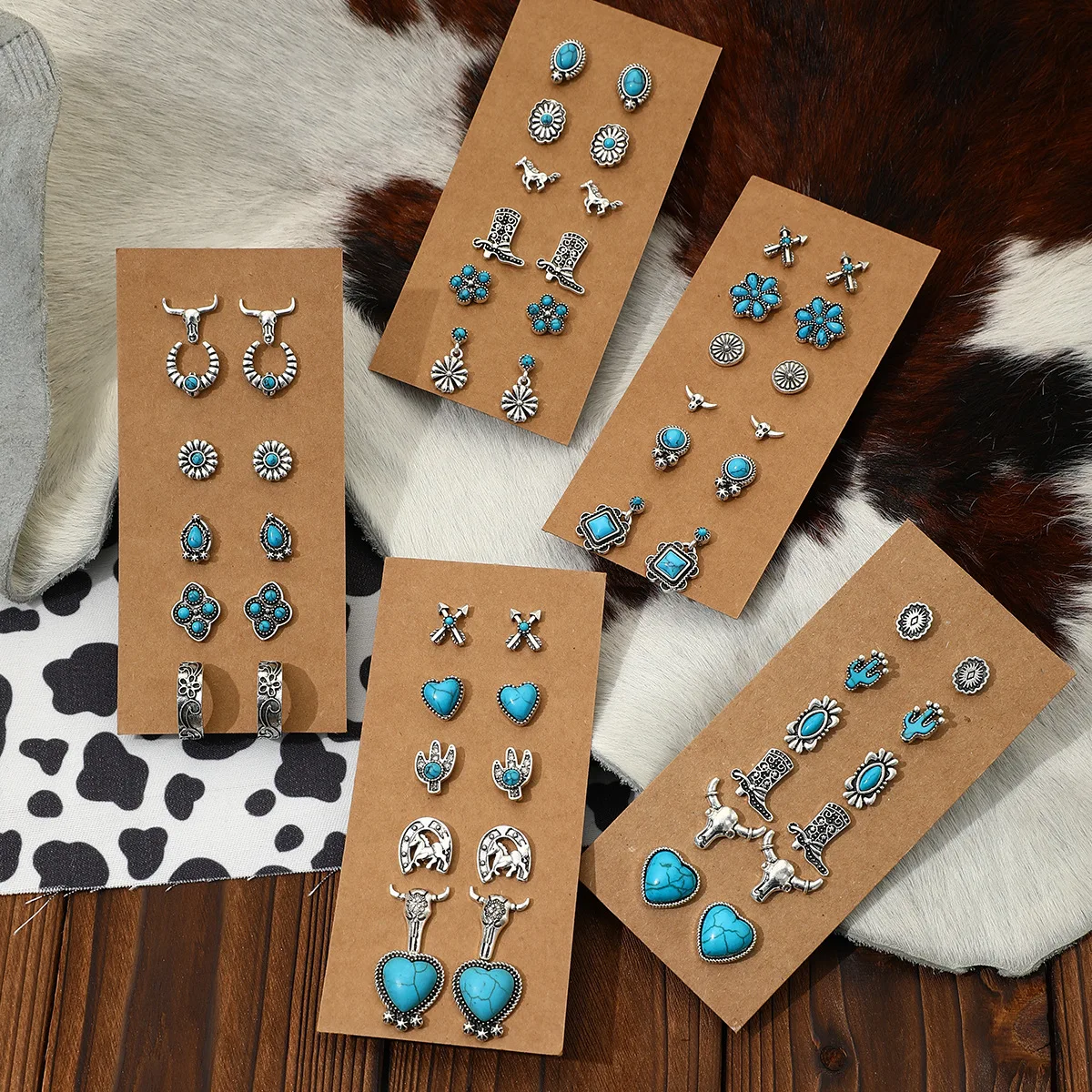 

Turquoise retro stud earrings, bull's head horse boots, moon water drop fashion imitation gemstone stud earrings 6 pairs