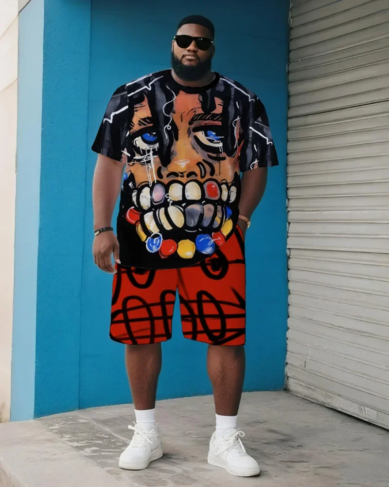 

Мужской летний повседневный комплект больших размеров: футболка с коротким рукавом и шорты с принтом в стиле хип-хоп, комплект из двух предметов