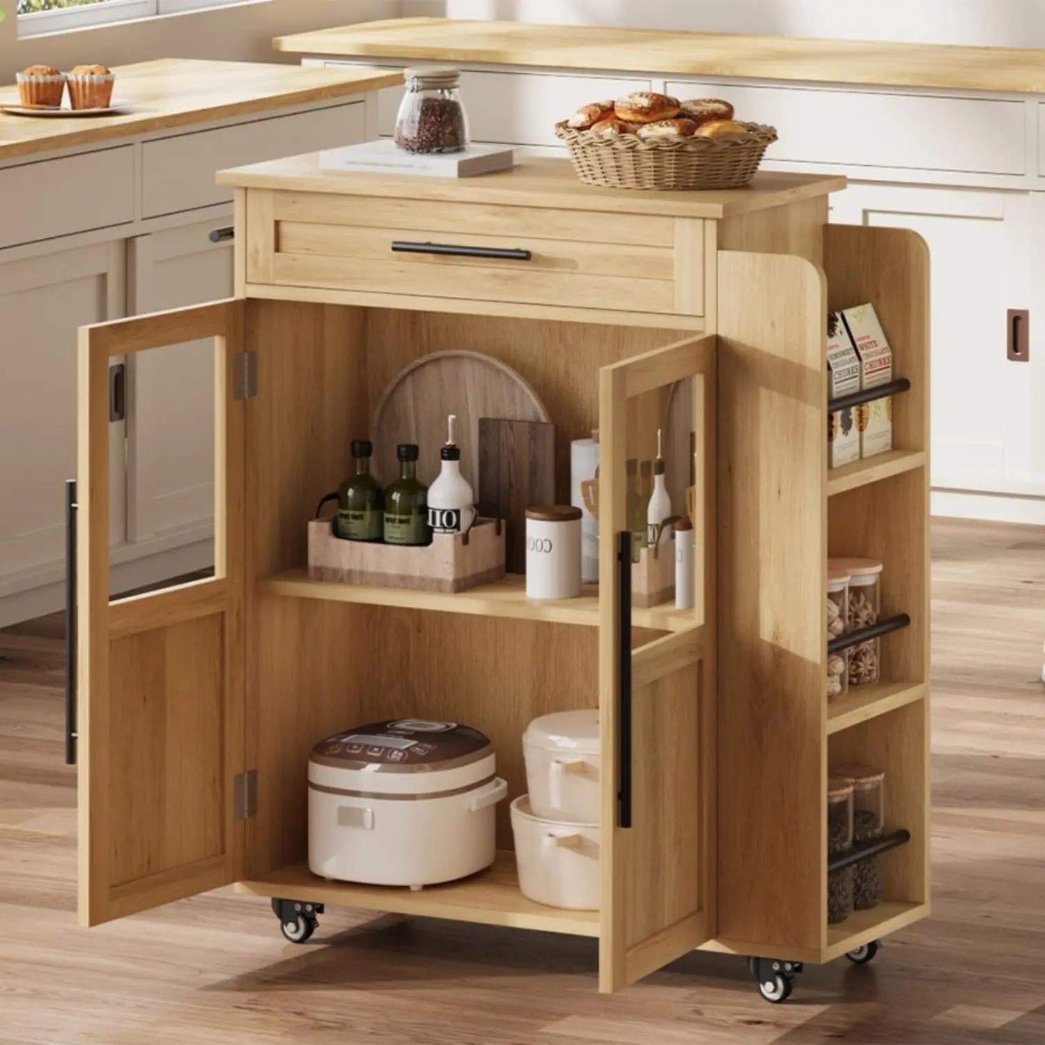 Kitchen Island with Storage, Retro Island Table with Glass Door Cabinet and Drawer, Coffee Bar Station with Spice, Customized