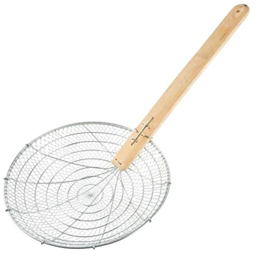 

14 Coarse Mesh Skimmer for Cooking and Frying: Galvanized Steel Mesh, Natural Bamboo Handle, Spider Strainer Ladle for Pasta, S