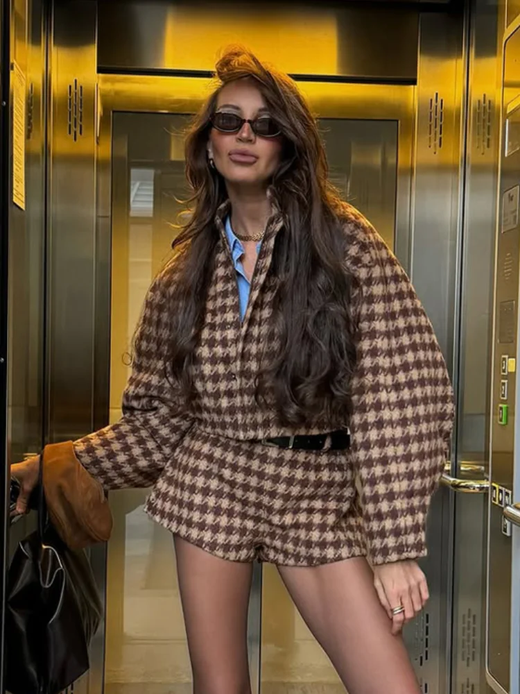 Brown Houndstooth Shorts Set Women Oversized Crop Jacket High Waist Zipper Matching Pants Fashion Daily Matching Outfits New