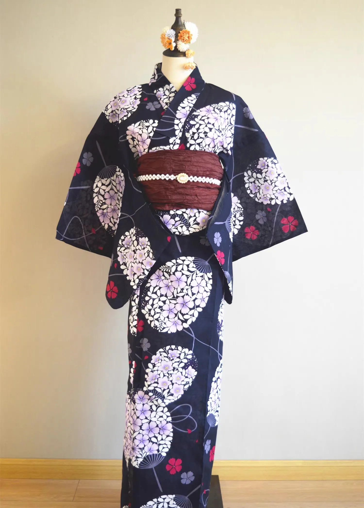 Purple Cotton Traditional Japanese Yukata Kimono Dress for Women And Girls with Fan Pattern