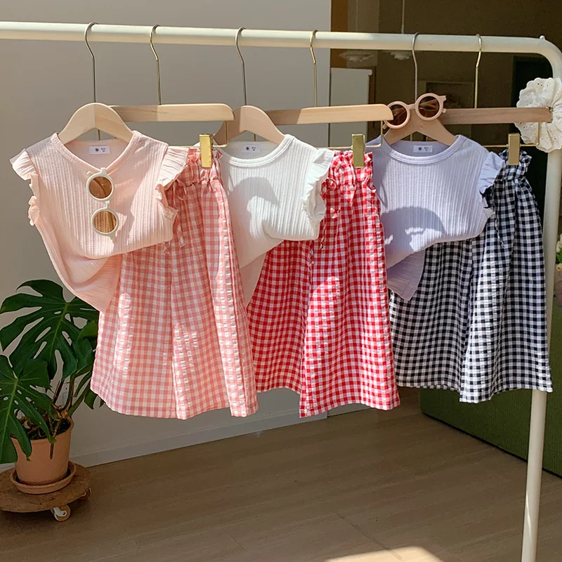 

Summer Baby and Girls Cotton Breathable Ruffled Sleeveless Shirt+Plaid Loose Pant School Kids 2PCS Set Children Outfit 1-10 Yrs