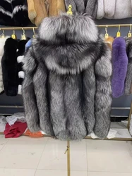 Hooded Fox Fur Coat for Women, Plus Size, Long Sleeves, Female Natural Thick Silver Fox Fur Jacket with Hood, Winter