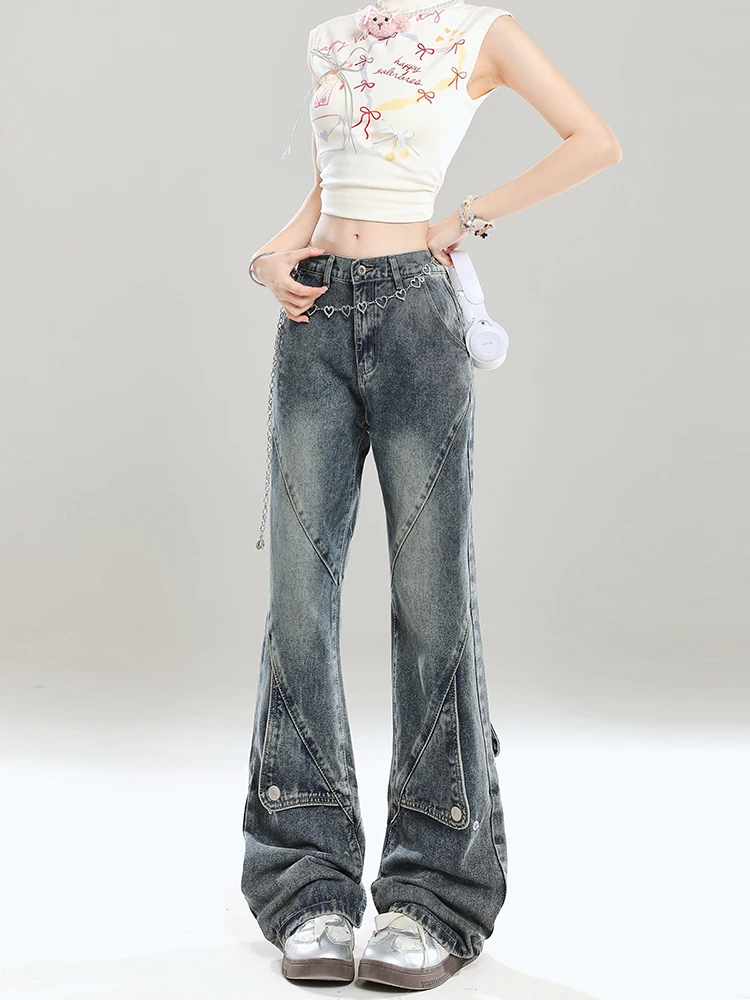 Retro American Decomposed Design Bell Bottom Jeans Women's New 2026 Slimming Straight Leg Narrow Version Denim Pants