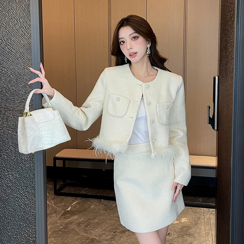 High-end Light Luxury Quilted Women's Suit Jacket Autumn and Winter Pink Age-reducing Coat Top A-line Skirt Lady Two-piece Set