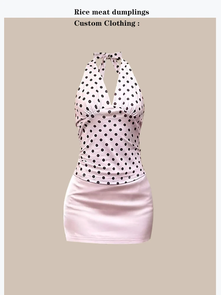 

Pink Polka Dot Halter Top And Skirt Two Piece Set Sexy Summer Vacation Outfit for Women V Neck Short Sleeve Bodycon Style