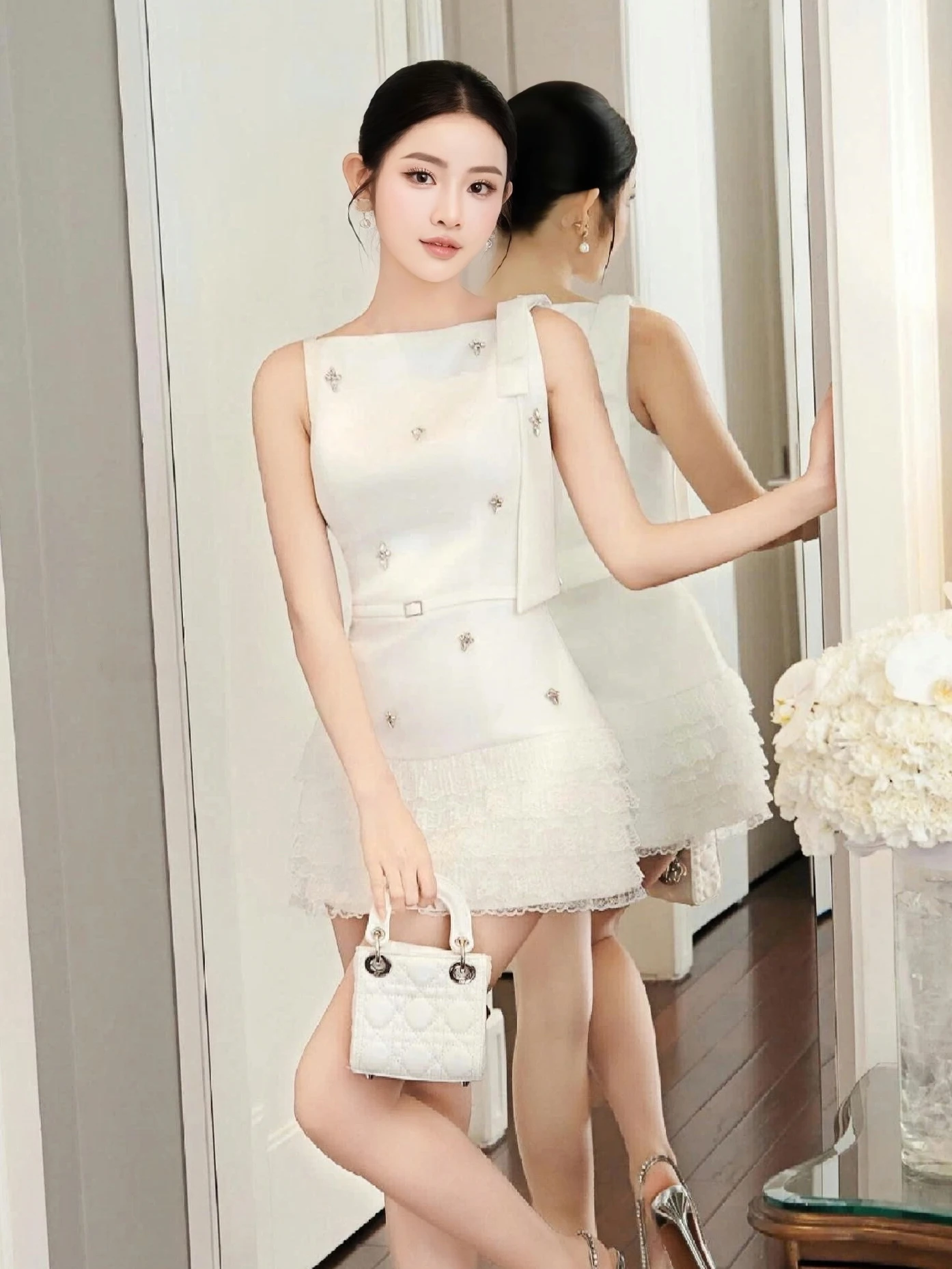 ini Diamond Embellished Vita alta ort Dr Ele Ladylike Sle Compleanno Par Gonna per giovani donne Estate Faion