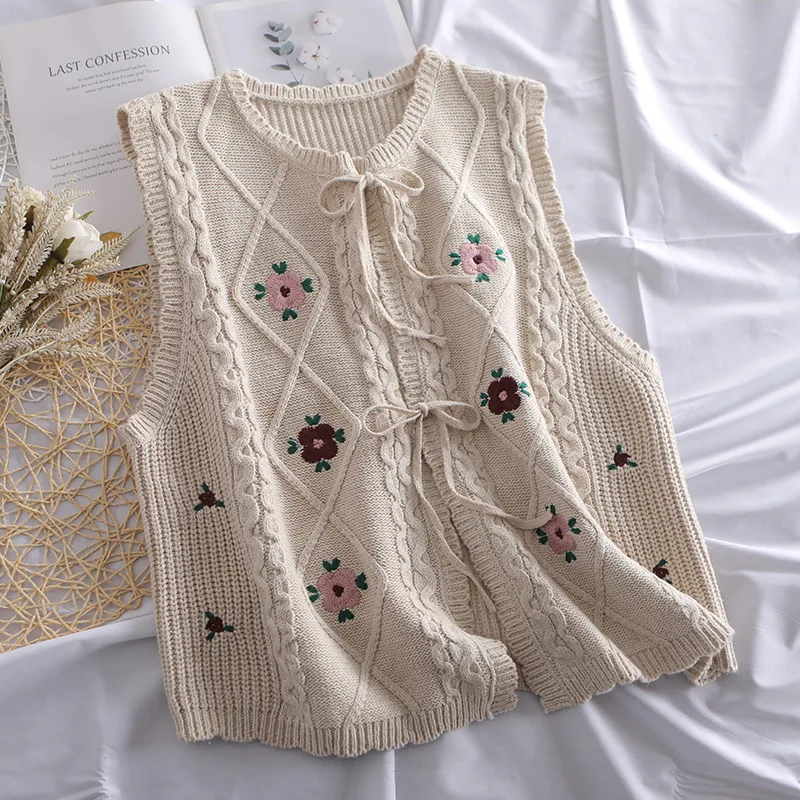 Colete de malha bordado feminino outono versátil o pescoço rendas até sem mangas cardigan francês retro arte camisola colete