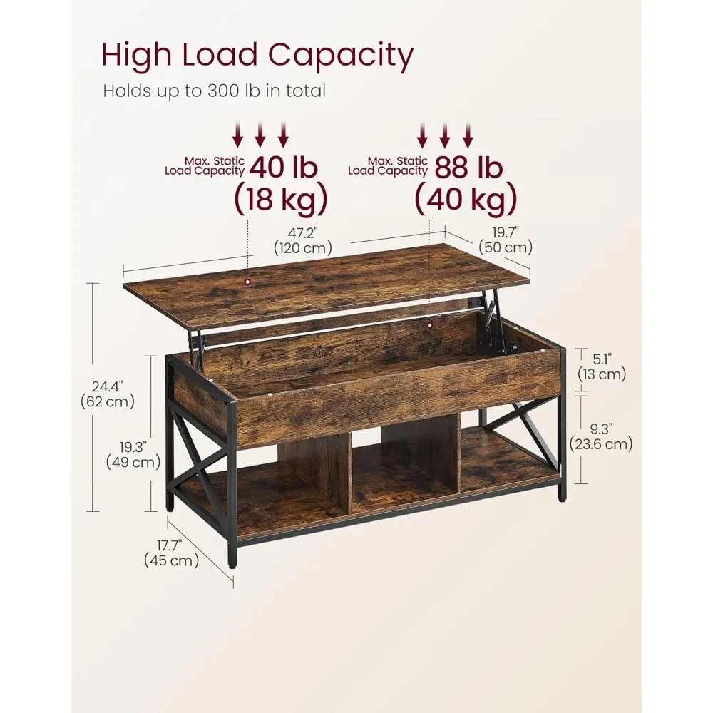 Elevator coffee table with storage rack, hidden compartment and lift top, 19.7 x 47.2 x (19.3-24.4) inches, brown