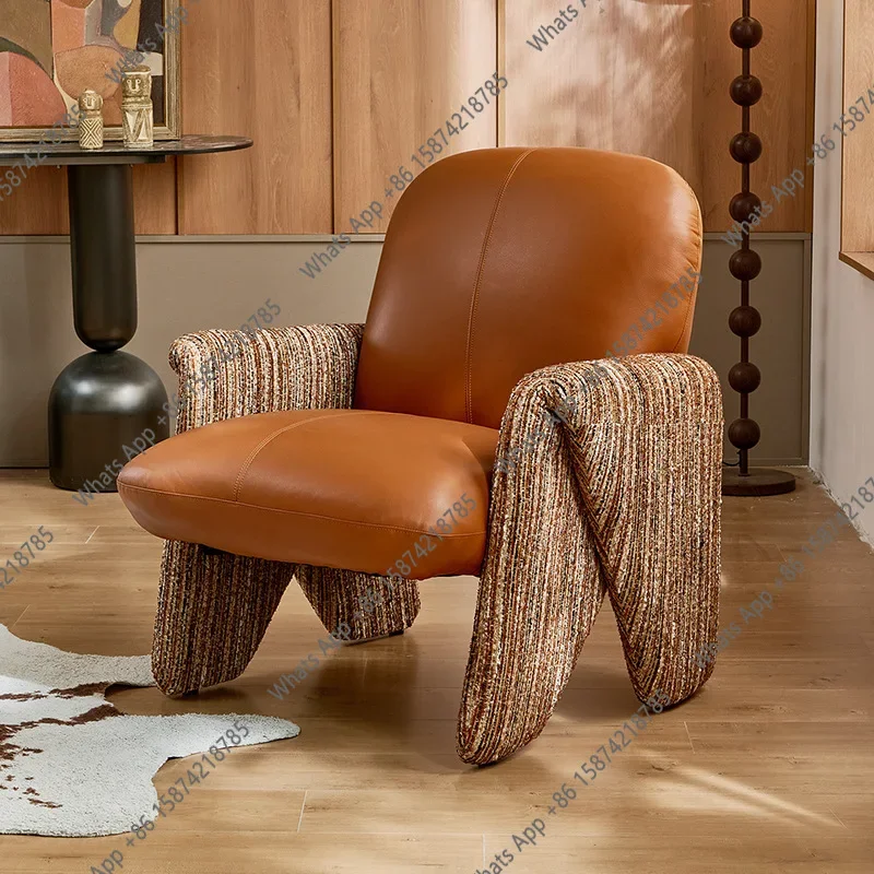 T French Retro Single Sofa Chair Living Room Balcony Bella Chair Top Layer Cowhide Designer High-end Lazy Sofa Chair