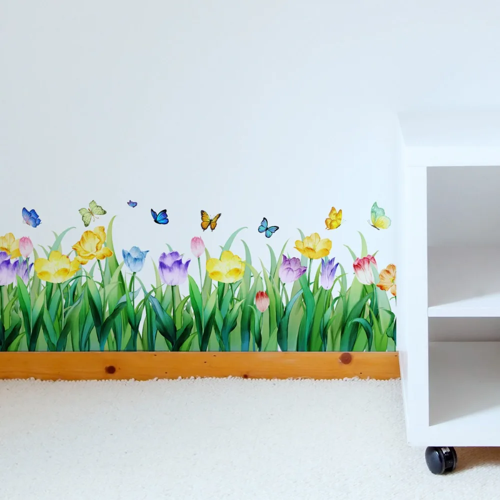 2 Sheets Wall Stickers-Plant Butterfly and Flower Skirting Board for Living Room Background Wall Room Decoration