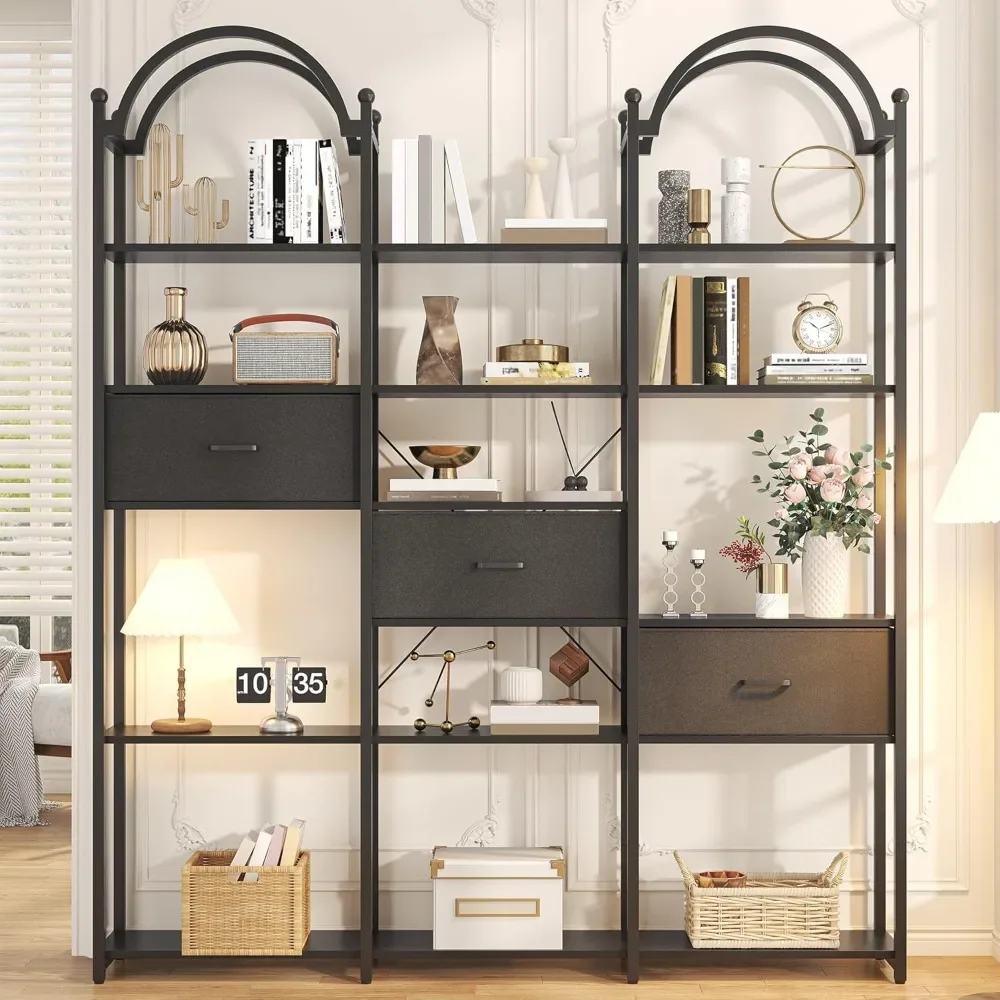 

83.5" Arched Bookshelf - Triple-Wide 6-Tier Display Case with 3 Drawers (Large Etagere Bookcase & Storage Unit)