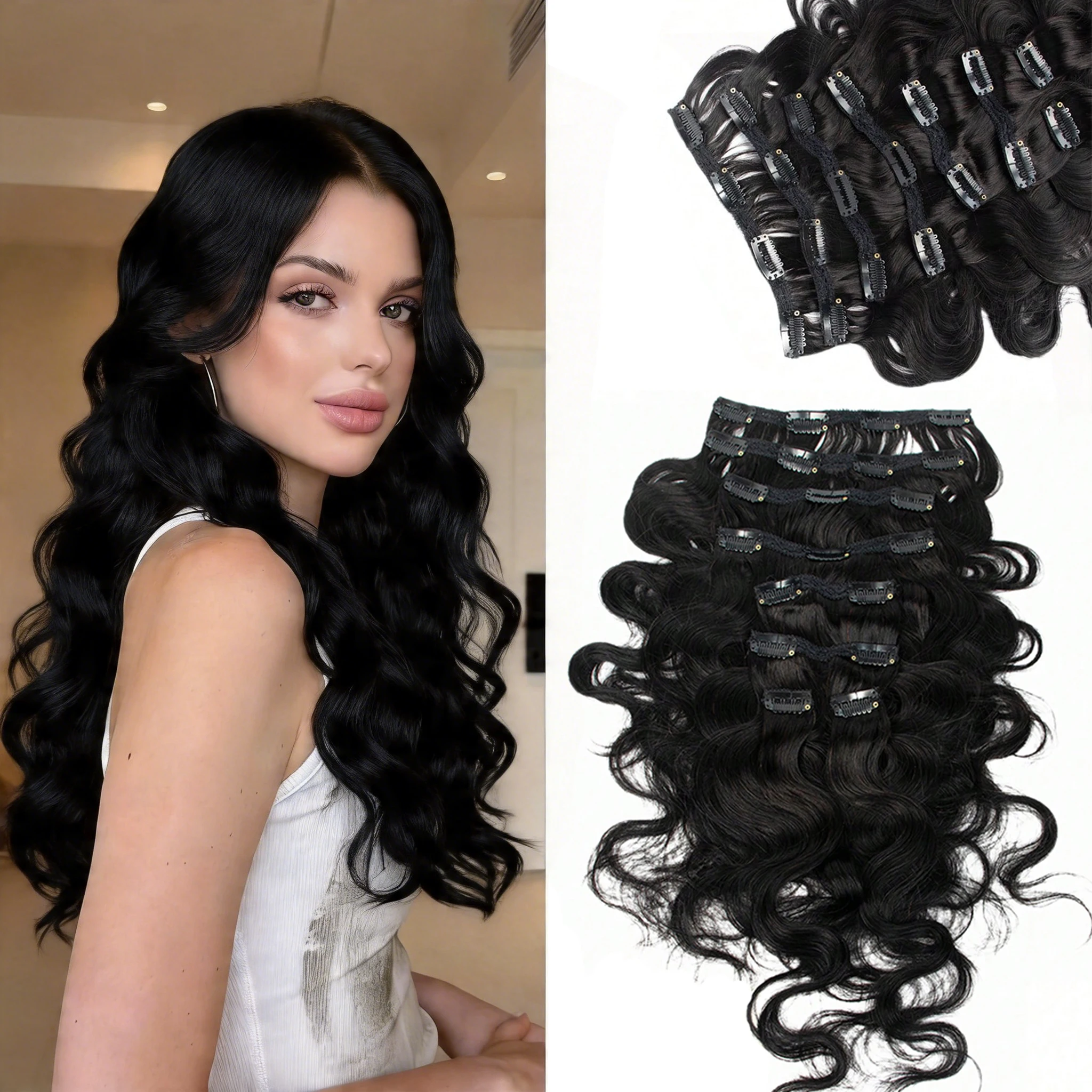 Curly Clip in Hair Extensions Jet Black 120g 7pcs Deep Wave Full Head Remy Real Human Hair Invisible Natural Look for Women