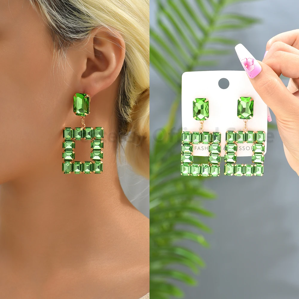 Hot Pink Glass Square Dangle Earrings For Women Luxury Piercing Big Pendientes Fantasy Wedding Party Graduation Vintage Jewelry