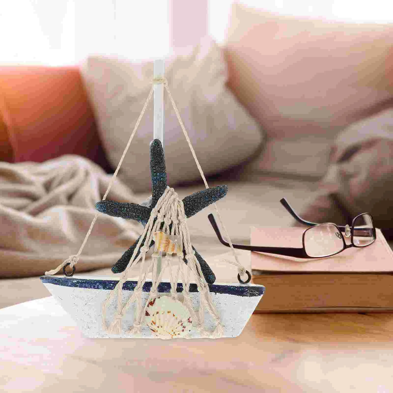 Mediterranean Style Entrance Tabletop Sailboat Decoration (helmsman Style) Wooden Display Ornament Cotton Thread Model Office