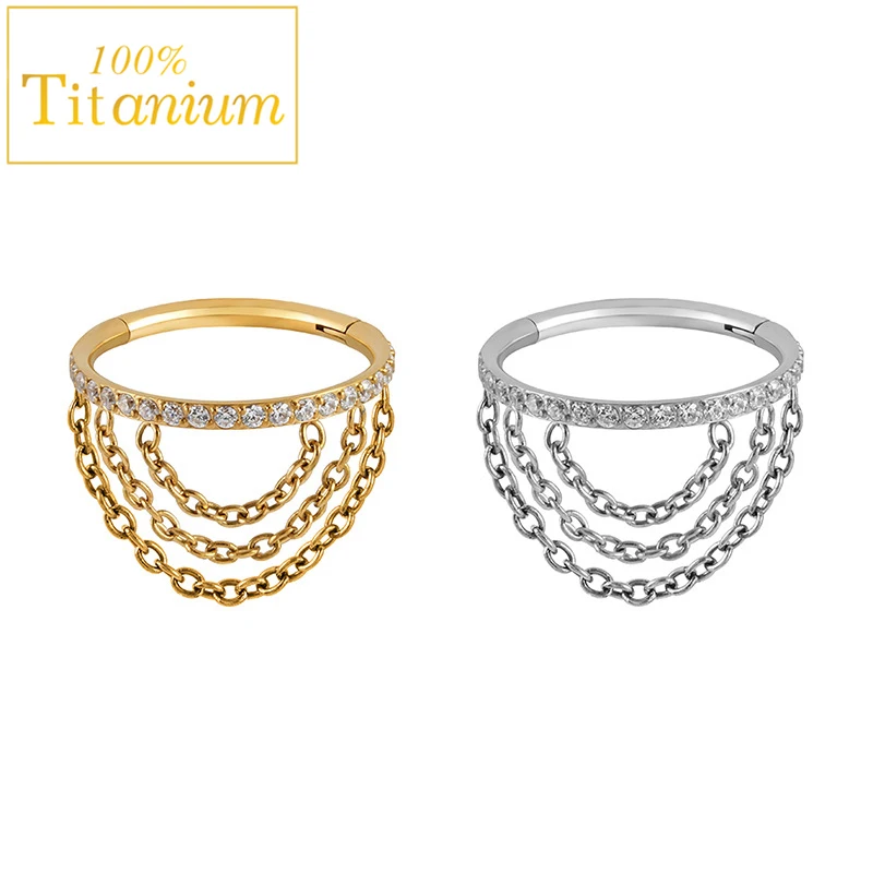 

ASTM F136 Titanium Triple Chained Hinged Segment Earrings Cartilage Tragus Helix Daith Piercing Septem Clicker Hoop Body Jewelry