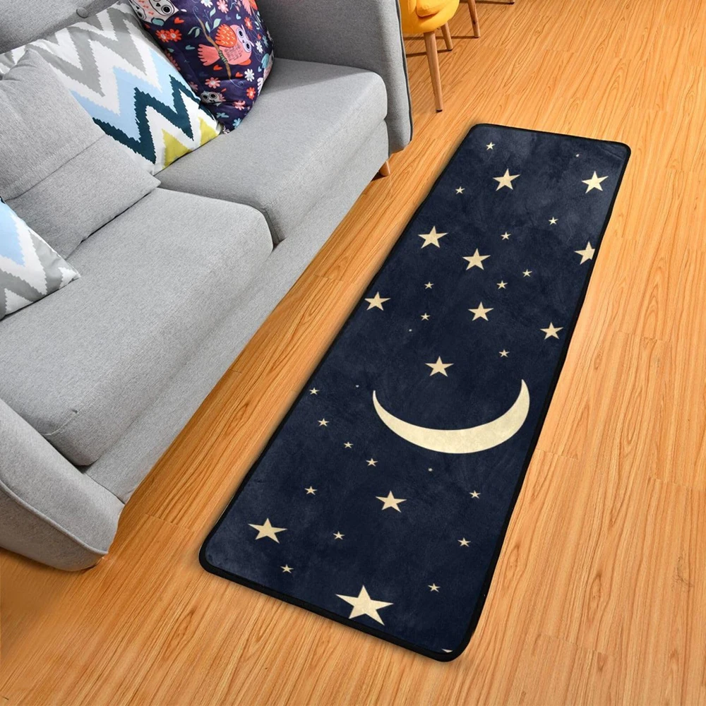 Moon Phase Starry Sky Print Runner Rug Soft Flannel Washable Floor Mat for Bedroom Kitchen Entryway Celestial Themed Home Decor