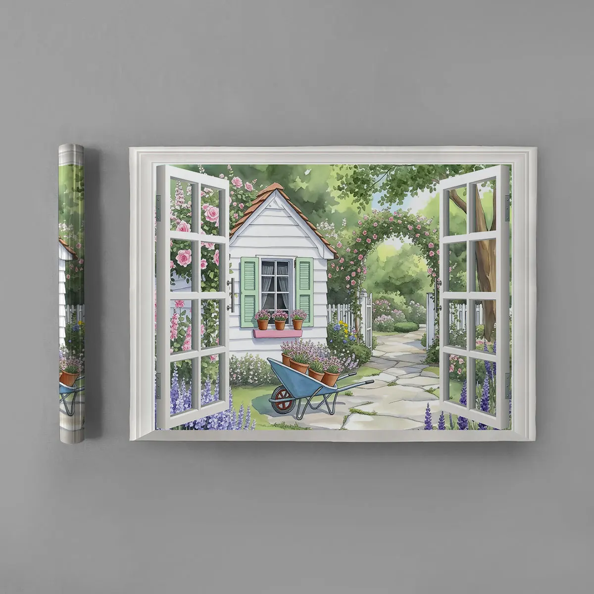 1pc simulated window wall sticker featuring a garden shed and flower cart, with a waterproof and concealing design