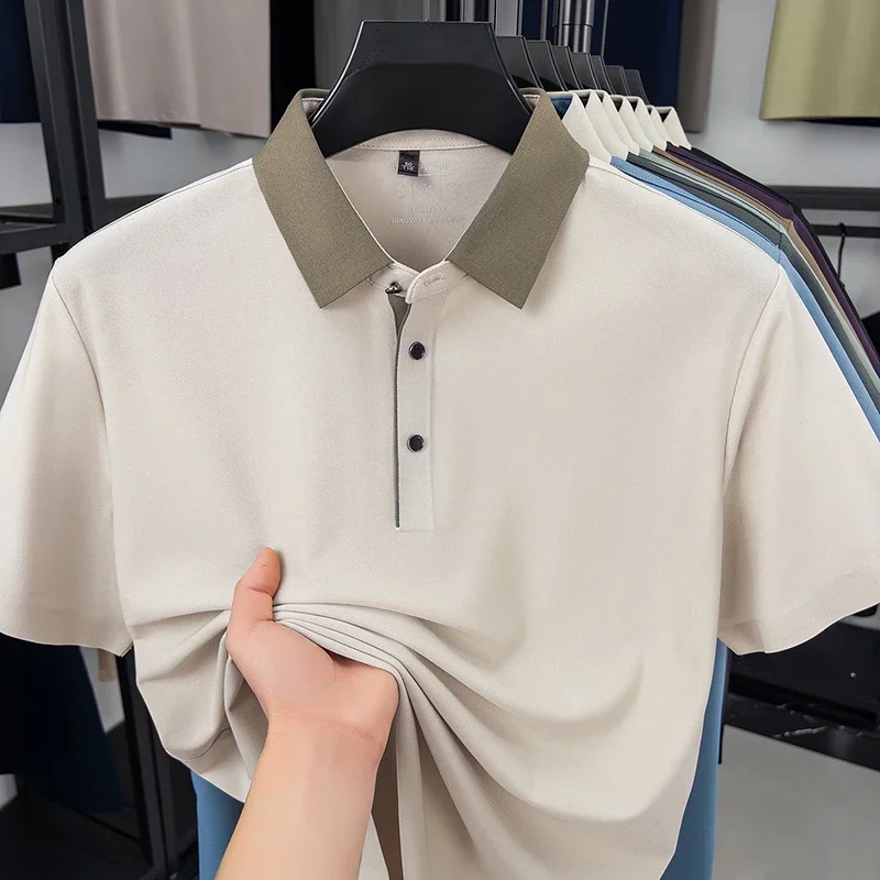 Men's Color Block Collar Polo Shirt Quick Dry Breathable Fabric Short Sleeve Lapel T Shirt For Business And Casual Wear image 4