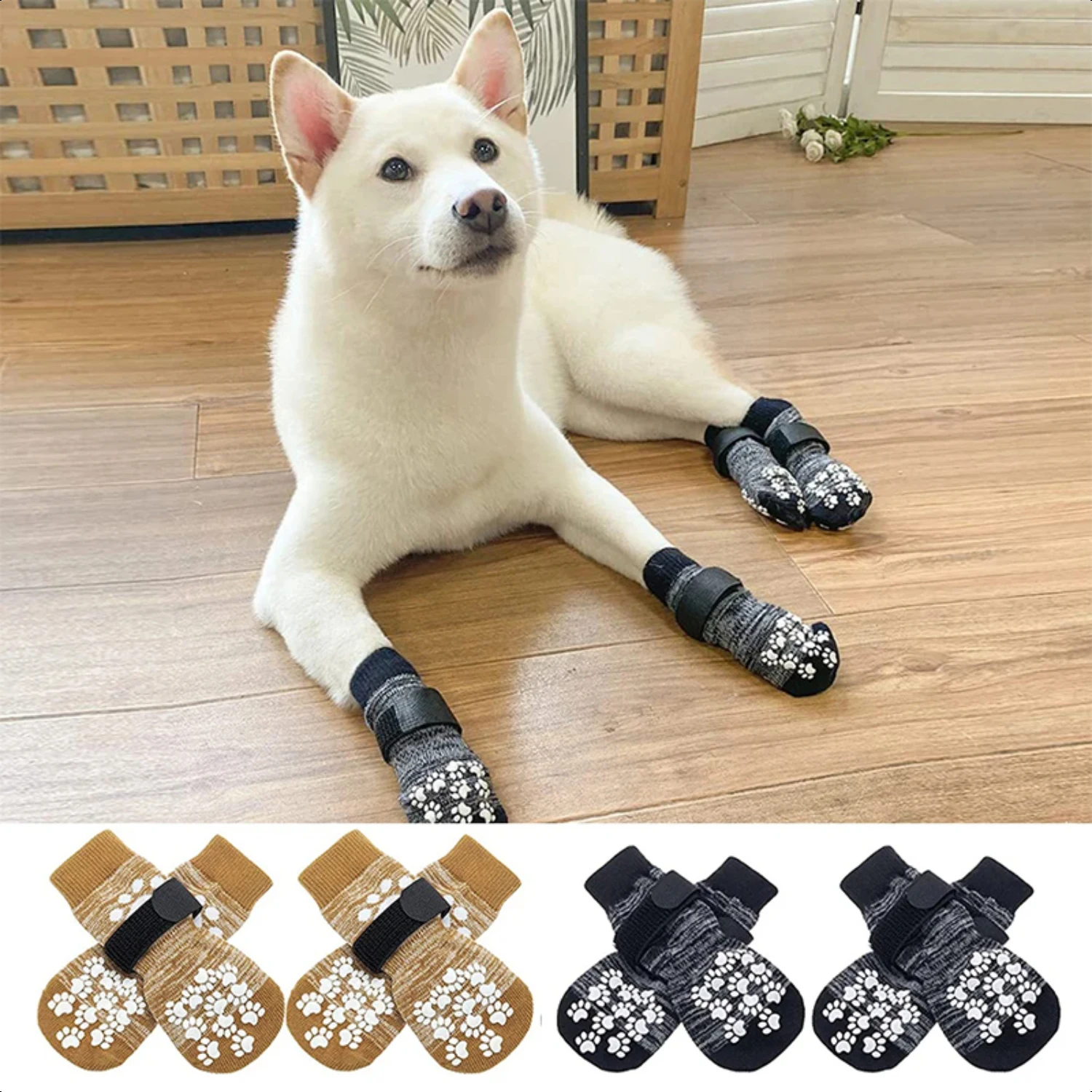 New Warm and Cozy Anti-Slip Knitted Paw Socks for Dogs - Set of 4 Adjustable and Protective Pet Socks with Rubber Reinforcement,