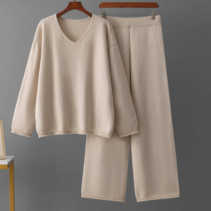 Warm Winter Knitted Two Pieces Sets Women Outfits Long Sleeve V Neck Sweaters+Casual Wide Leg Pants Basics Loose 2pcs Suits