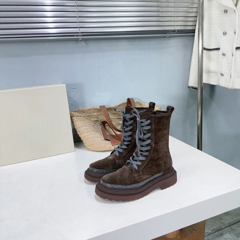 The autumn winter new leather Vintage round head Women boots short sole thick laces englun winter Outdoor mountain mountain boots nude women