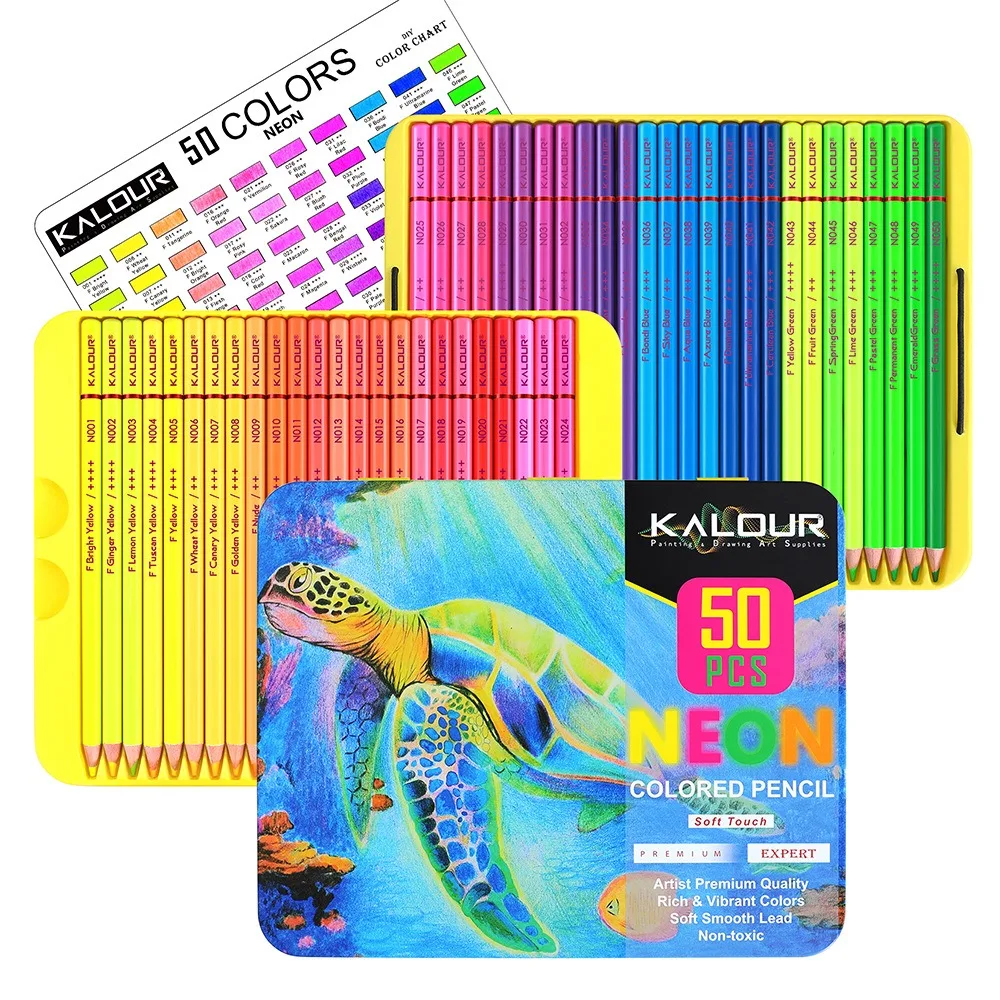 Imagem -02 - Kalour Lápis Coloridos Neon Grupo Cor Pastel Metálico Fluorescente Kit de Arte de Desenho Profissional para Adultos Artista Iniciantes 50 Pcs