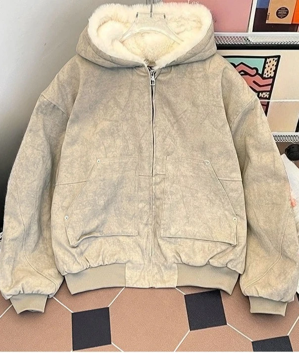 Shpmishal Casual Plus Plush Thick Cotton Jacket Men Autumn Winter Lamb Wool Cotton Clothing American Short Hooded Cotton Jacket