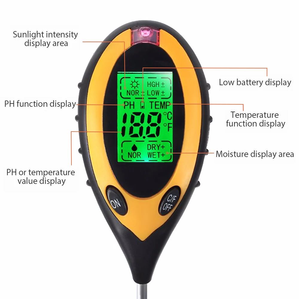 4 In 1 Soil PH Meter Digital Soil Moisture Monitor Temperature Sunlight Tester Meter Acidity Moisture Measurement Garden Tool