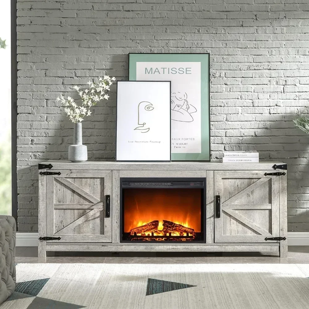 

Fireplace TV Stand for 75 Inch TV, Farmhouse Barn Door Media Console, Entertainment Center with 23" Electric Fireplace Remote