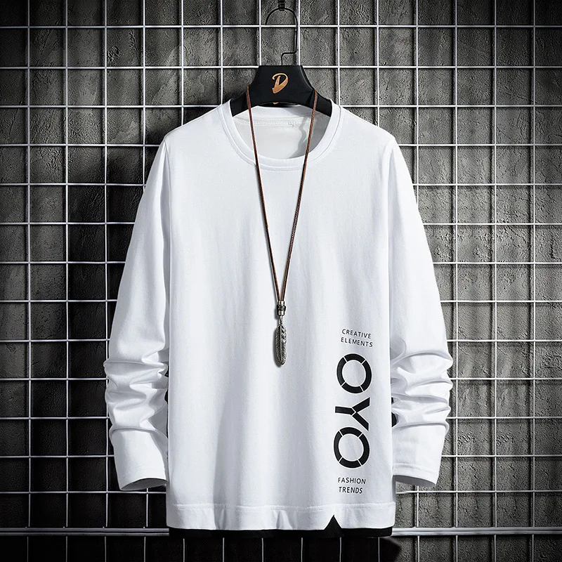 

Men's Long Sleeve Cotton T-Shirt Casual round Neck Printed Slim Fit Spring Autumn Fashionable Korean Style Text Theme Design