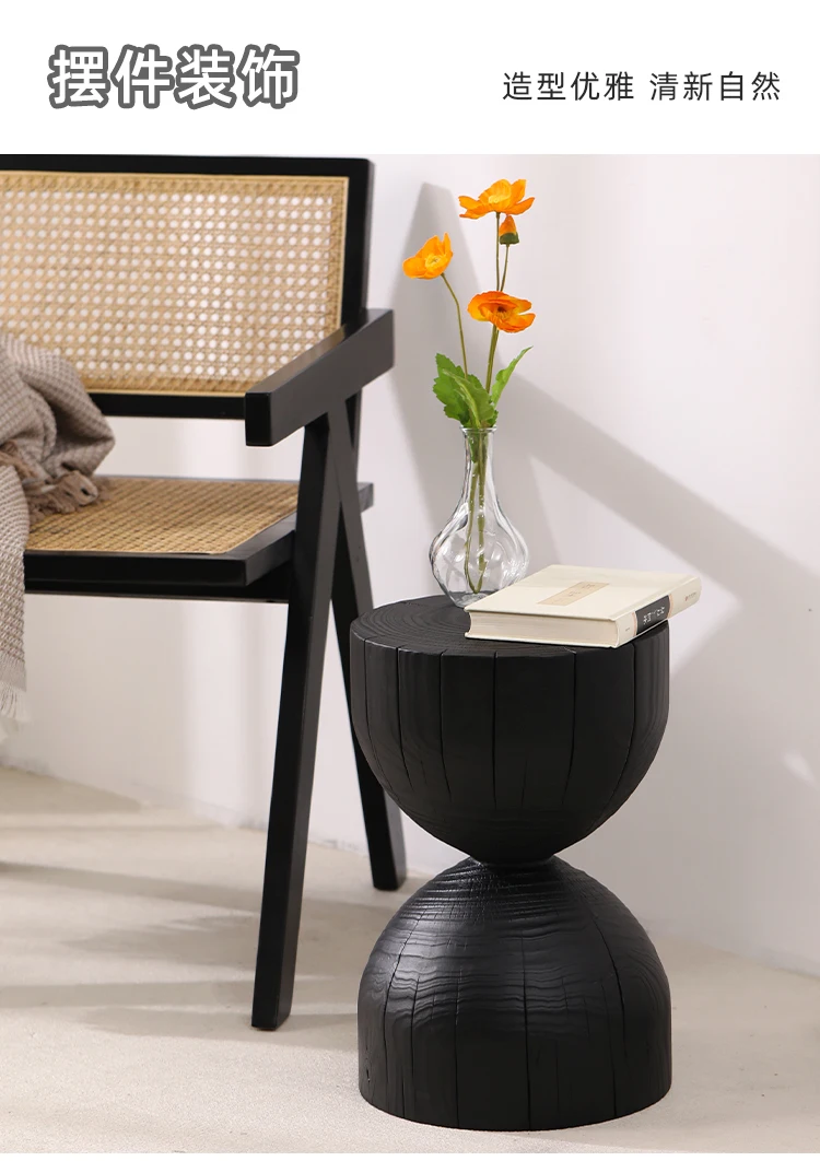 Wabi-Sabi Charred Wood Side Table Handcrafted Tree Stump Stool with Natural Texture Bedside Coffee Table for Home Decor