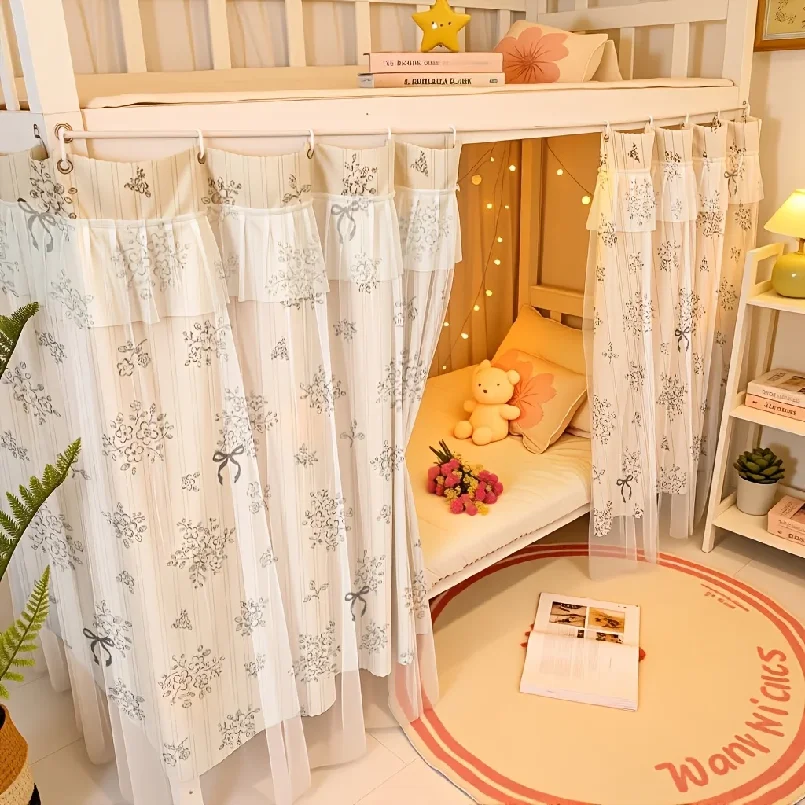 One Double-Layer Bed Curtain with Mesh Fabric, Bed Curtain Shade, Princess-Style Chiffon Bed Curtain, Single-Person Bed Curtain