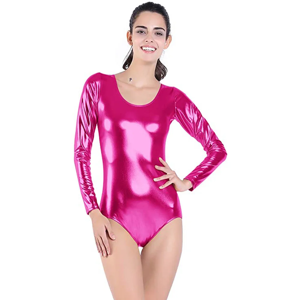 女性長袖光沢のあるメタリックスパンデックスレオタード体操ボディスーツスクープネックワンピースダンスウェア大人のステージダンス衣装
