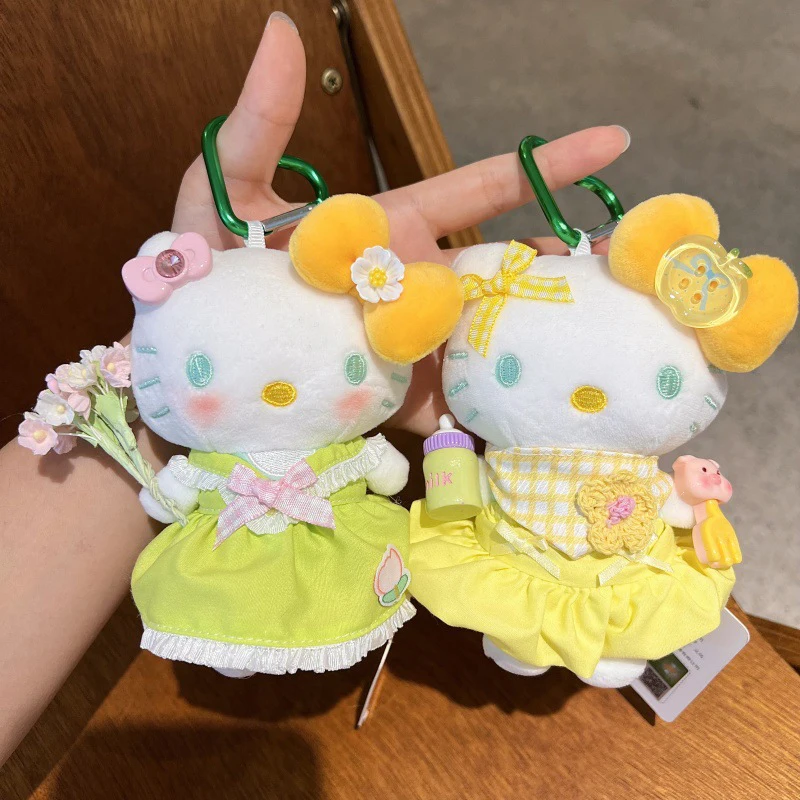 

Sanrios Cute Hellokittys Plush Toys Keychain with Flower Details Kawaii Character Kt Cat Pendant Dress Keyring Gifts for Girls