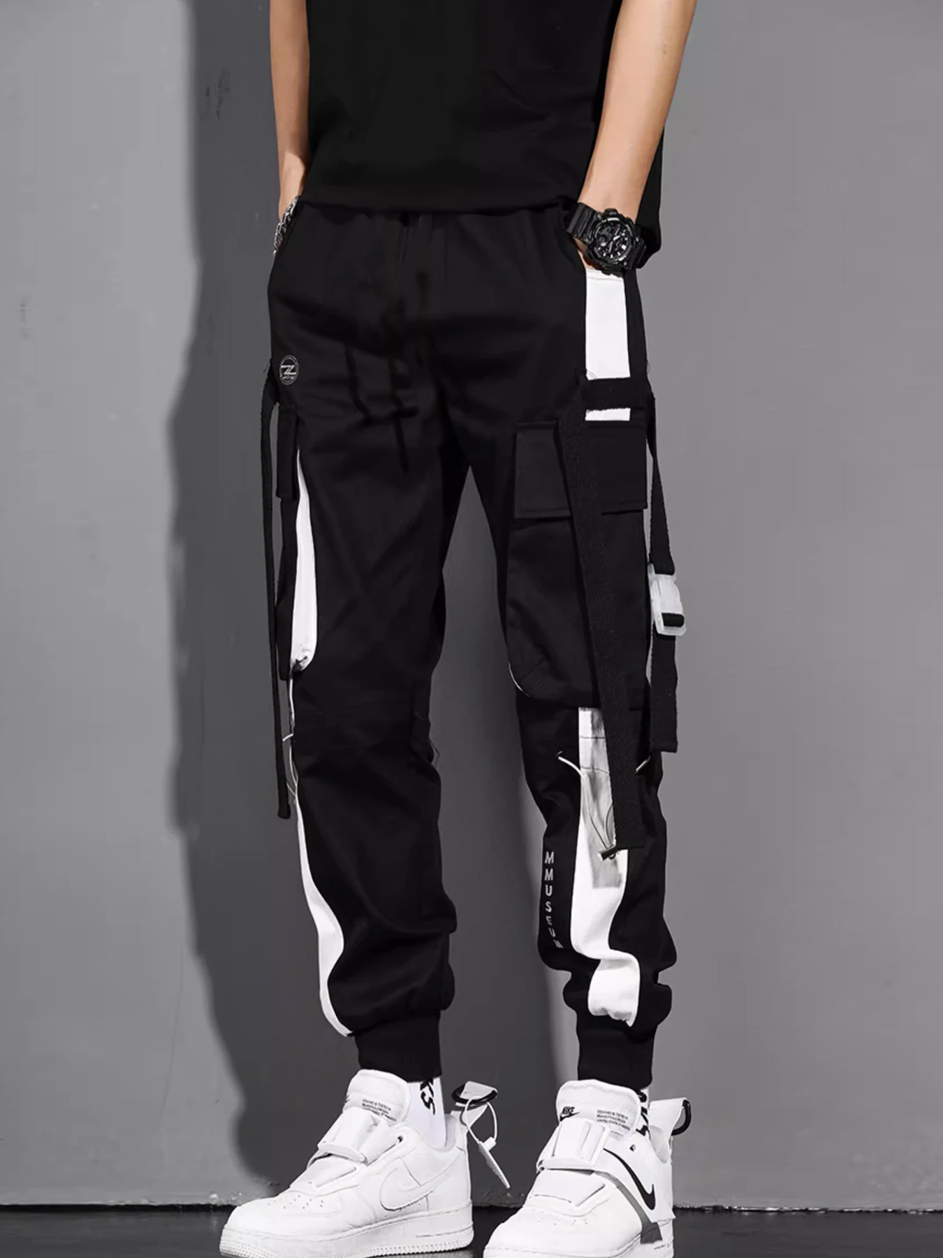 

New loose straight leg polyester fiber washed wide leg casual pants, retro multi pocket work pants for men in spring