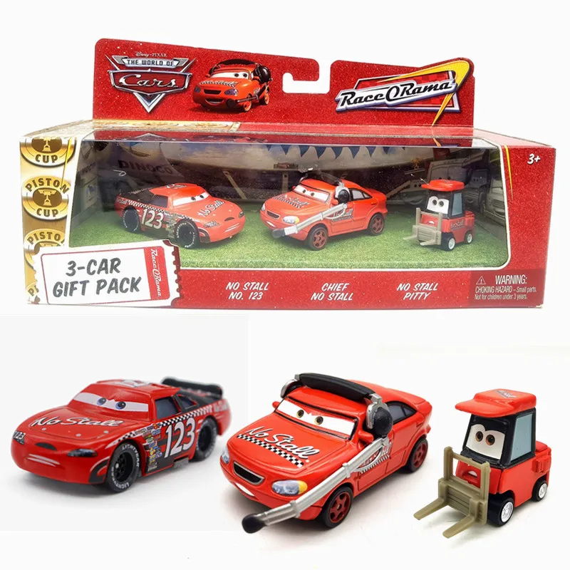 Disney Pixar Cars Race O Rama 3-Car Gift Pack With No Stall No. 123 Chief No Stall and No Stall Pitty Die-Cast Metal Car Toys